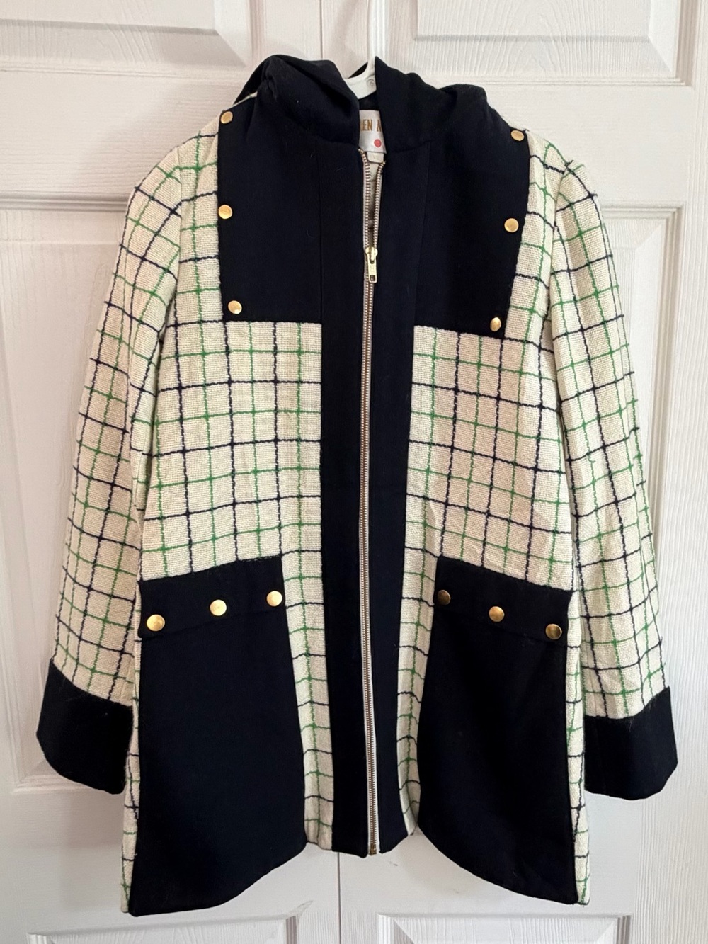 Lauren Moffatt Wool Blend Windowpane Plaid Hooded Coat Jacket XS Tweed